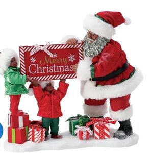 Brand New! Department 56 Black Santa and Kids with Merry Christmas Sign.